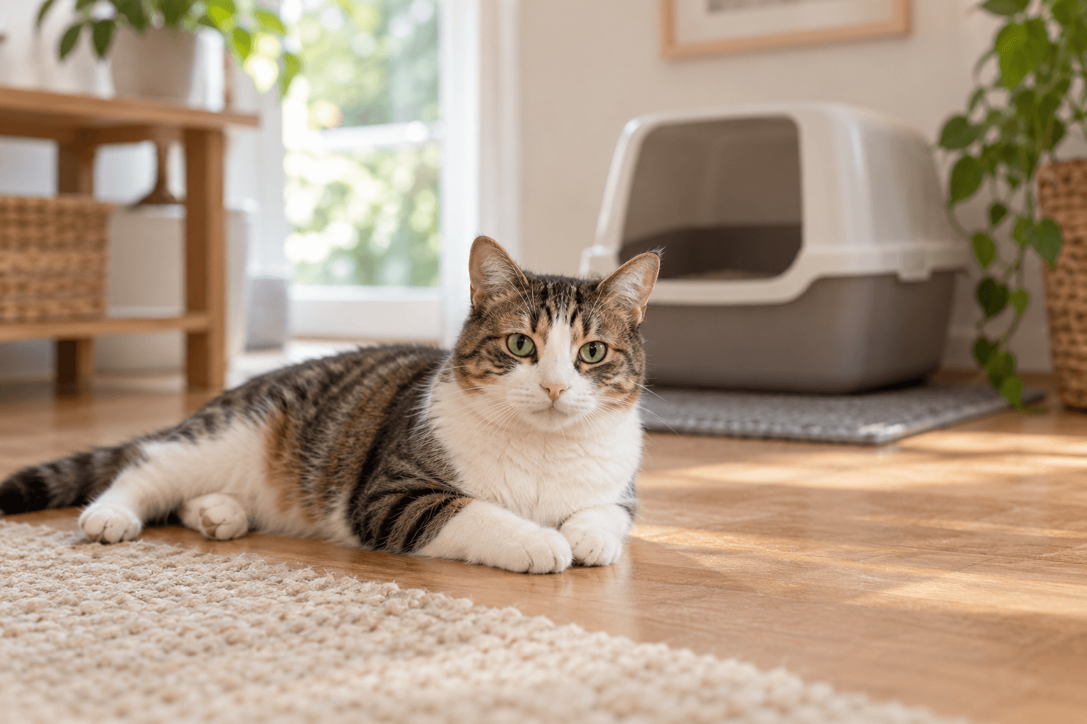 Een ontspannen kat naast een kattenbak in een lichte woonkamer