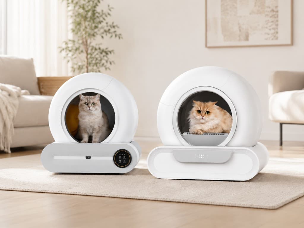 Zelfreinigende kattenbak in een warme woonkamer