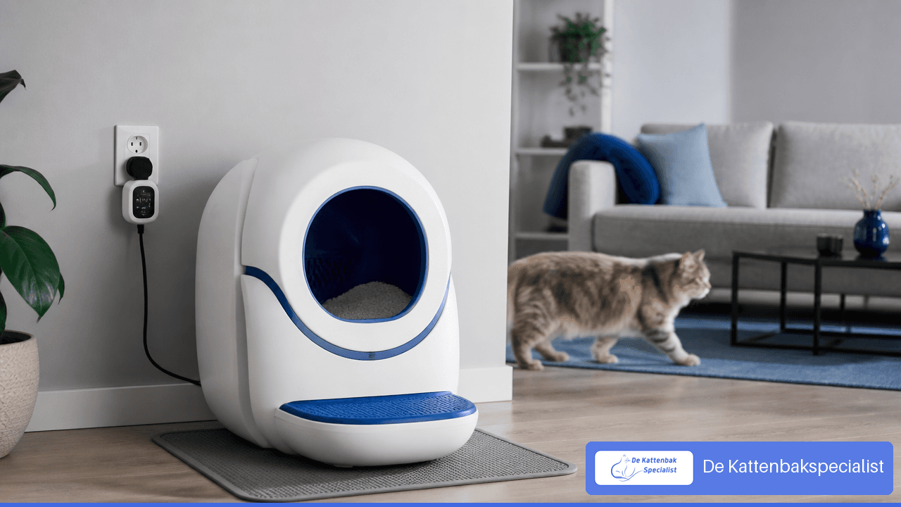 Automatische kattenbak aangesloten op een energiemeter om het stroomverbruik te meten
