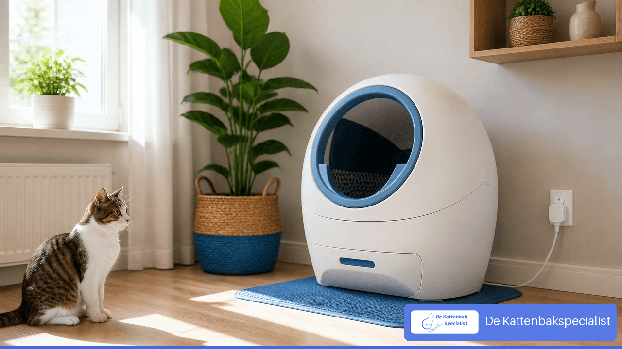 Wit-blauwe automatische kattenbak klaar voor een veilige herstart na stroomuitval