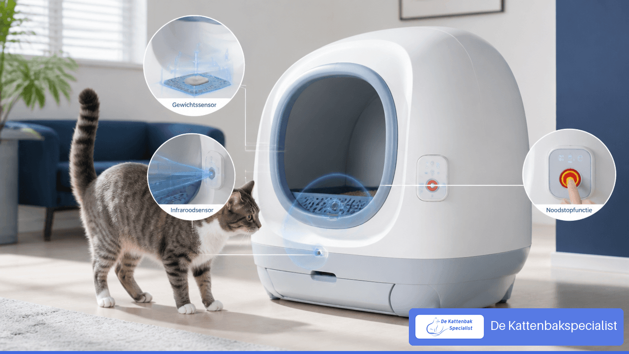 Wit-blauwe automatische kattenbak met uitleg van veiligheidssensoren