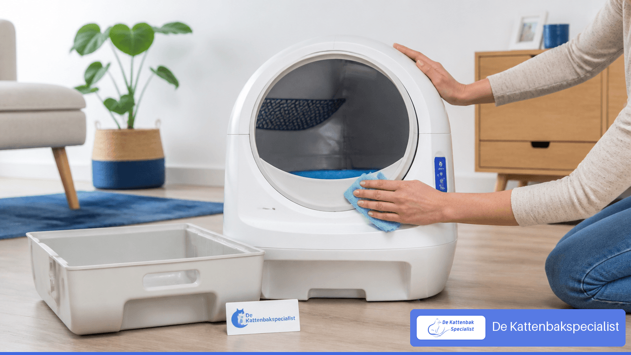 Een witte automatische kattenbak wordt veilig schoongemaakt met een zachte doek