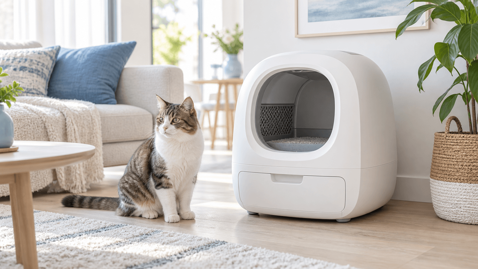 Witte automatische kattenbak met afgesloten afvallade in een lichte woonkamer, naast een rustige kat