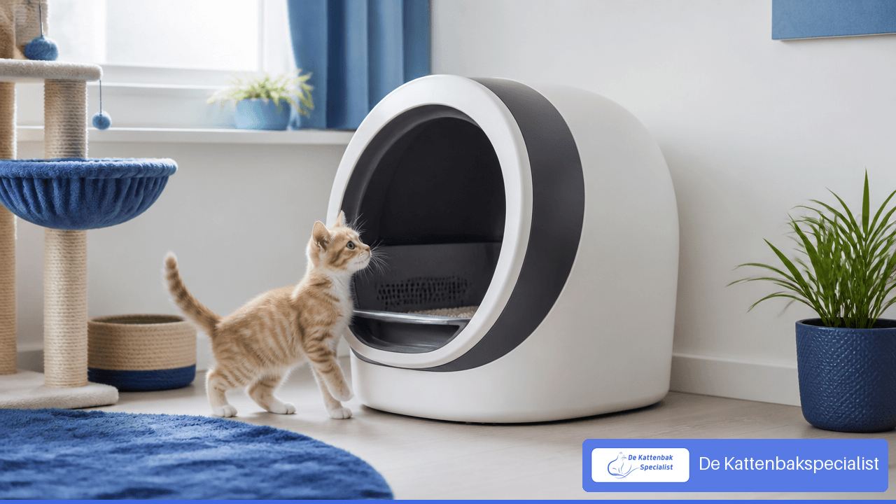 Klein kitten naast een wit-blauwe automatische kattenbak met lage instap
