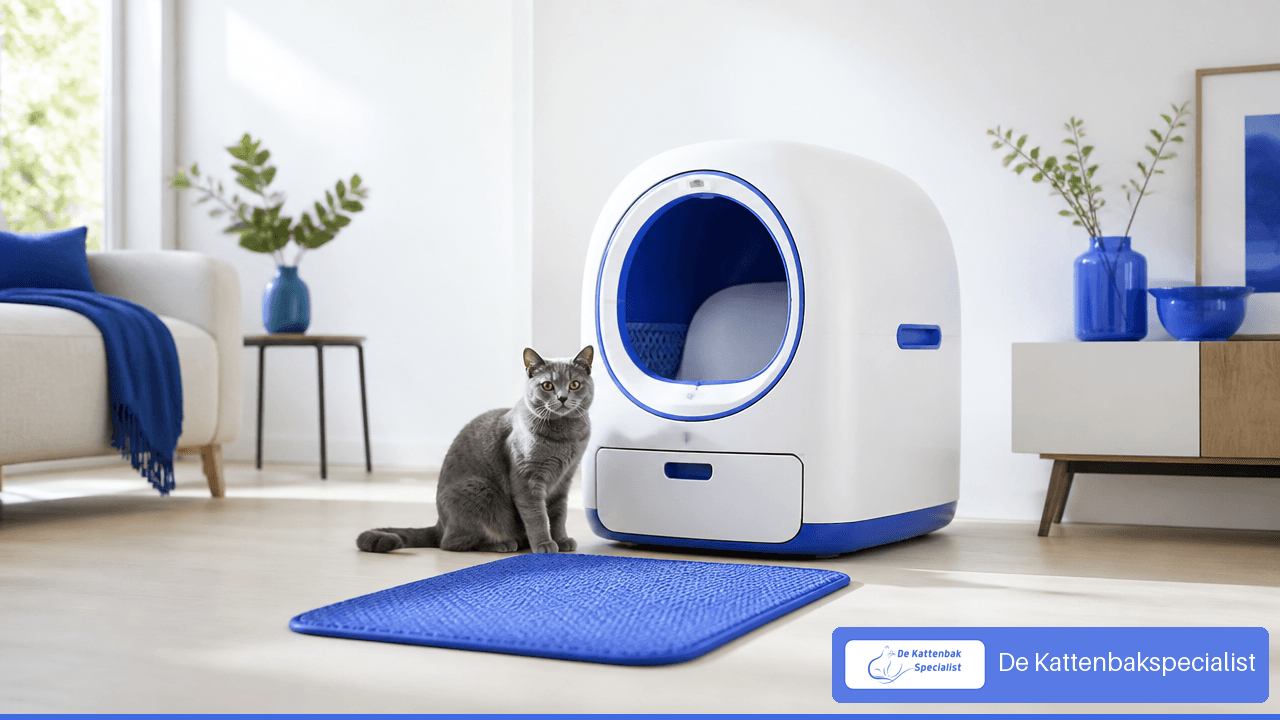 Kat naast een ruime wit-blauwe zelfreinigende kattenbak