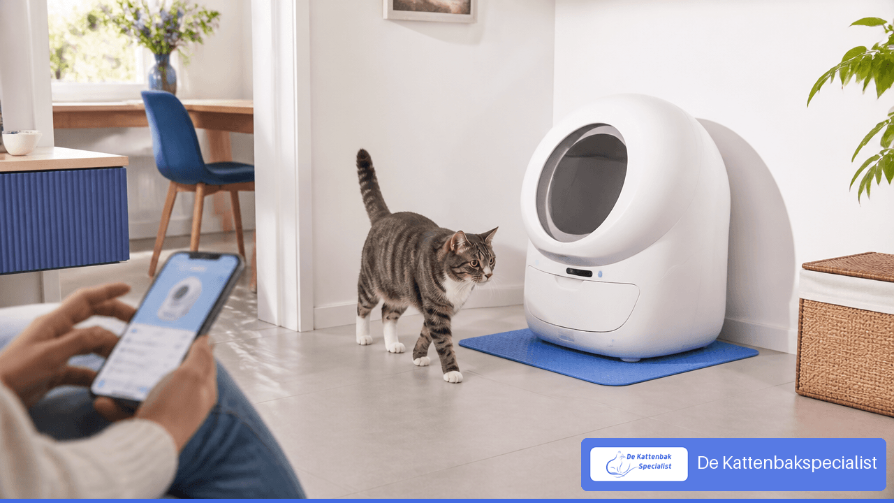 Moderne automatische kattenbak die via een mobiele app wordt bediend