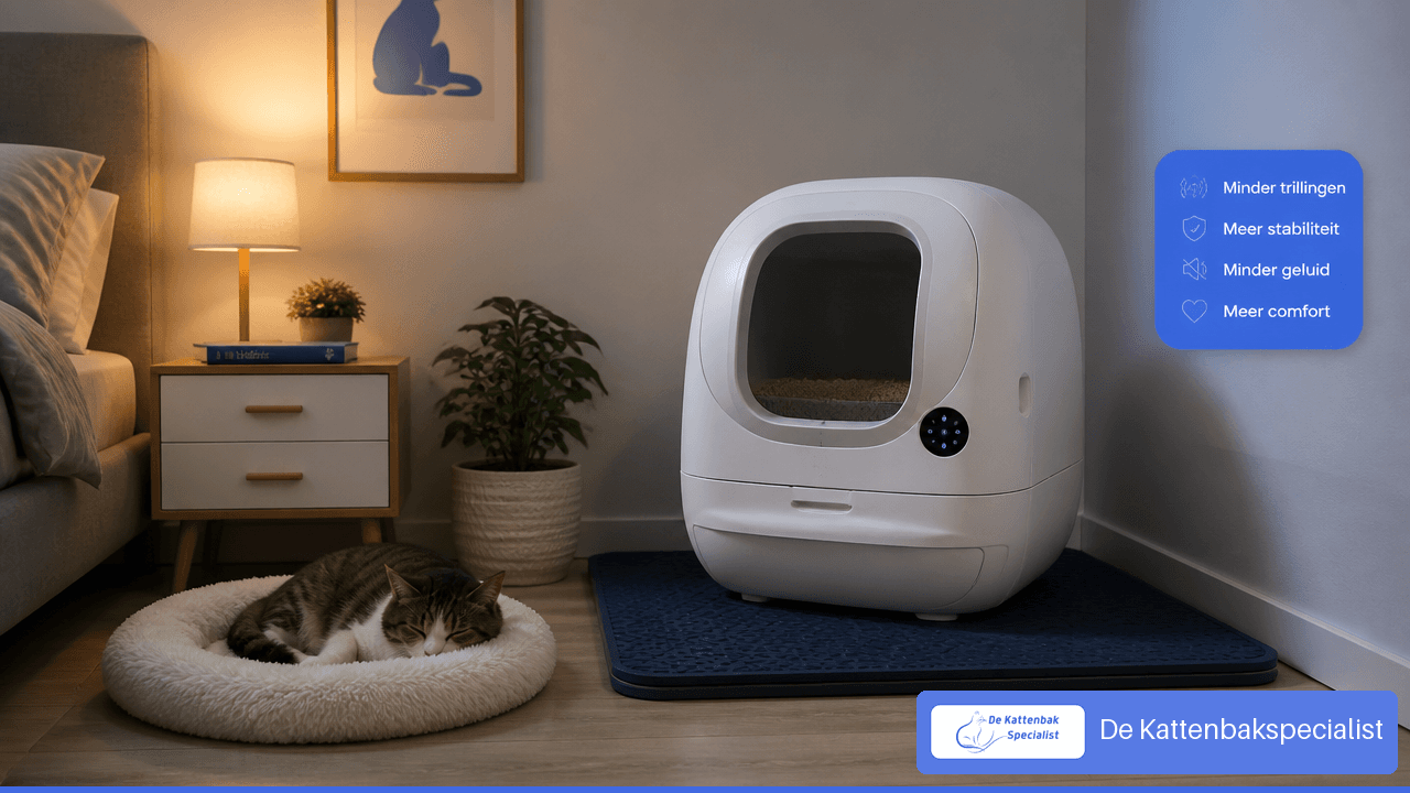 Stille wit-blauwe automatische kattenbak op een trillingsdempende mat