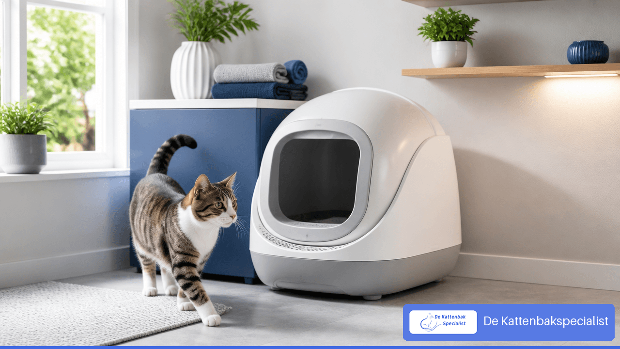 Volwassen kat bij een wit-blauwe volledig automatische kattenbak