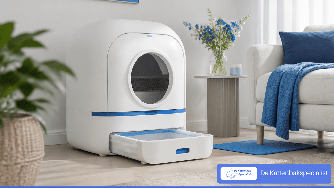 Wit-blauwe automatische kattenbak met geopende afvallade