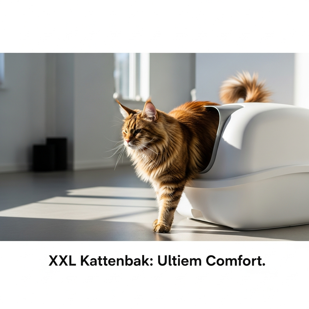 Een majestueuze Maine Coon kat stapt comfortabel in een ruime, moderne XXL zelfreinigende kattenbak in een lichte, schone woonkamer. De afbeelding illustreert de noodzaak van de juiste kattenbak voor grote rassen zoals Maine Coons en Ragdolls.