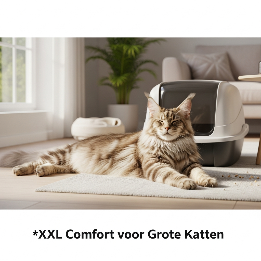 Een majestueuze Maine Coon kat strekt zich comfortabel uit naast een ruime, moderne XXL kattenbak in een lichte woonkamer, illustrerend de gids over de juiste kattenbak voor grote rassen zoals Maine Coons.