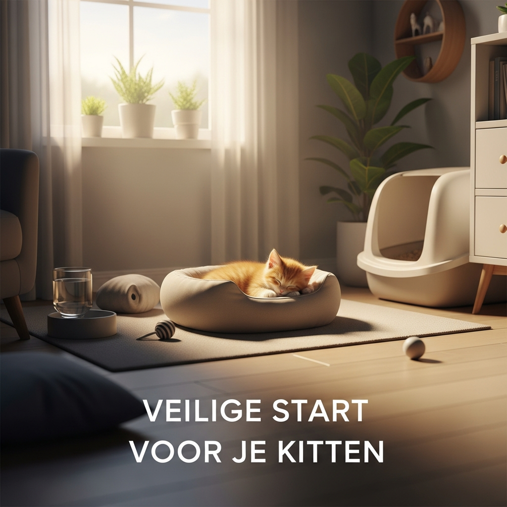 A small, fluffy ginger kitten sleeping peacefully in a clean, cozy safe room with a modern litter box, illustrating the 'Safe Room' methode for introducing a new kitten to prevent stress and ensure a hygienic start.