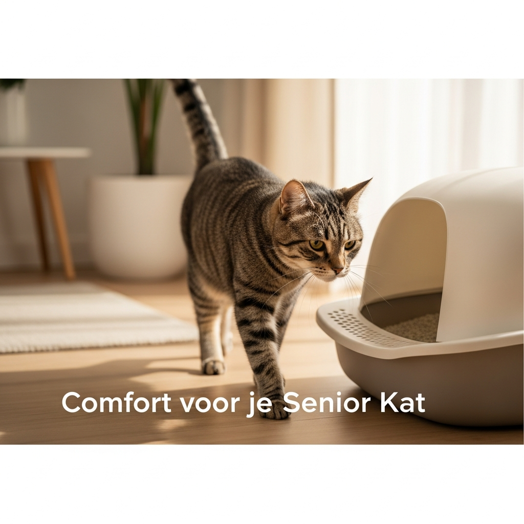 Een serene, oudere kat stapt comfortabel in een moderne, lage instap kattenbak in een schone omgeving. De afbeelding illustreert de oplossing voor het probleem "Help, Mijn Oude Kat Plast Naast de Bak! Oorzaken en Oplossingen".