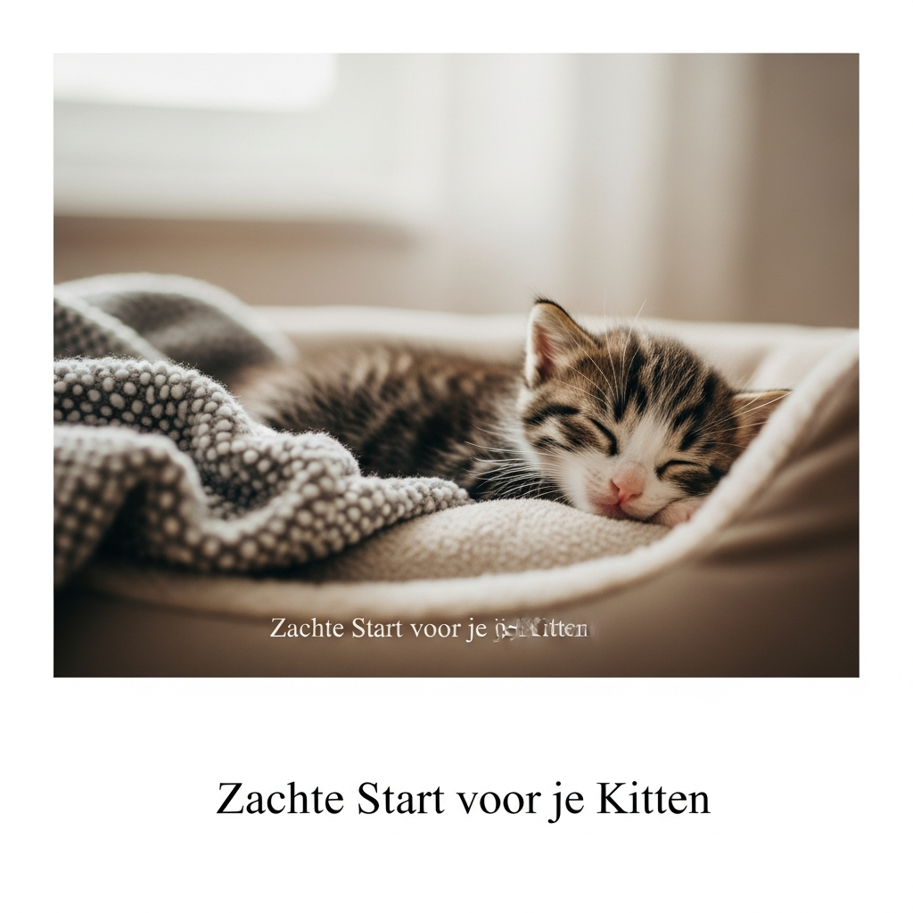 Een schattig, slapend kitten gekruld in een zacht, warm bedje, met de tekst "Zachte Start voor je Kitten" eroverheen. De afbeelding illustreert manieren om heimwee bij kittens te verzachten wanneer ze hun moeder en nestje missen.